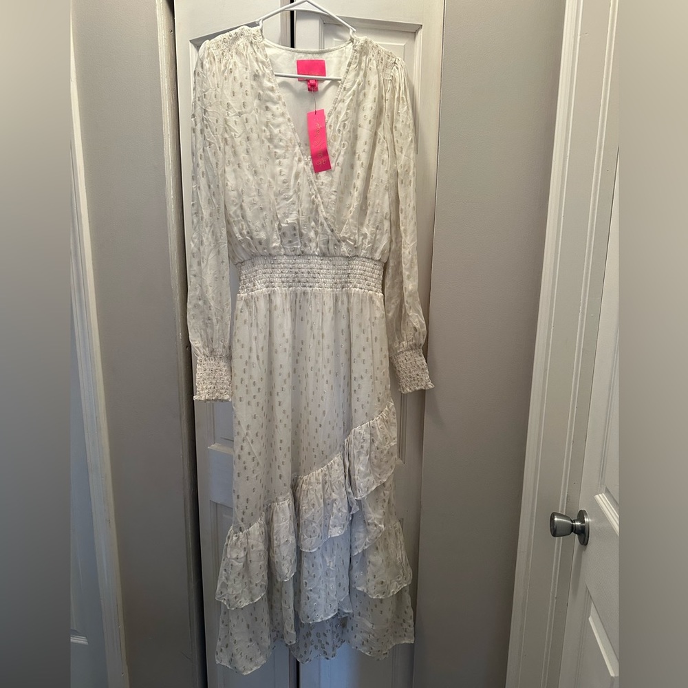 NWT LILLY PULITZER CRISTIANA MIDI DRESS SIZE 8 COCONUT METALLIC CLIP